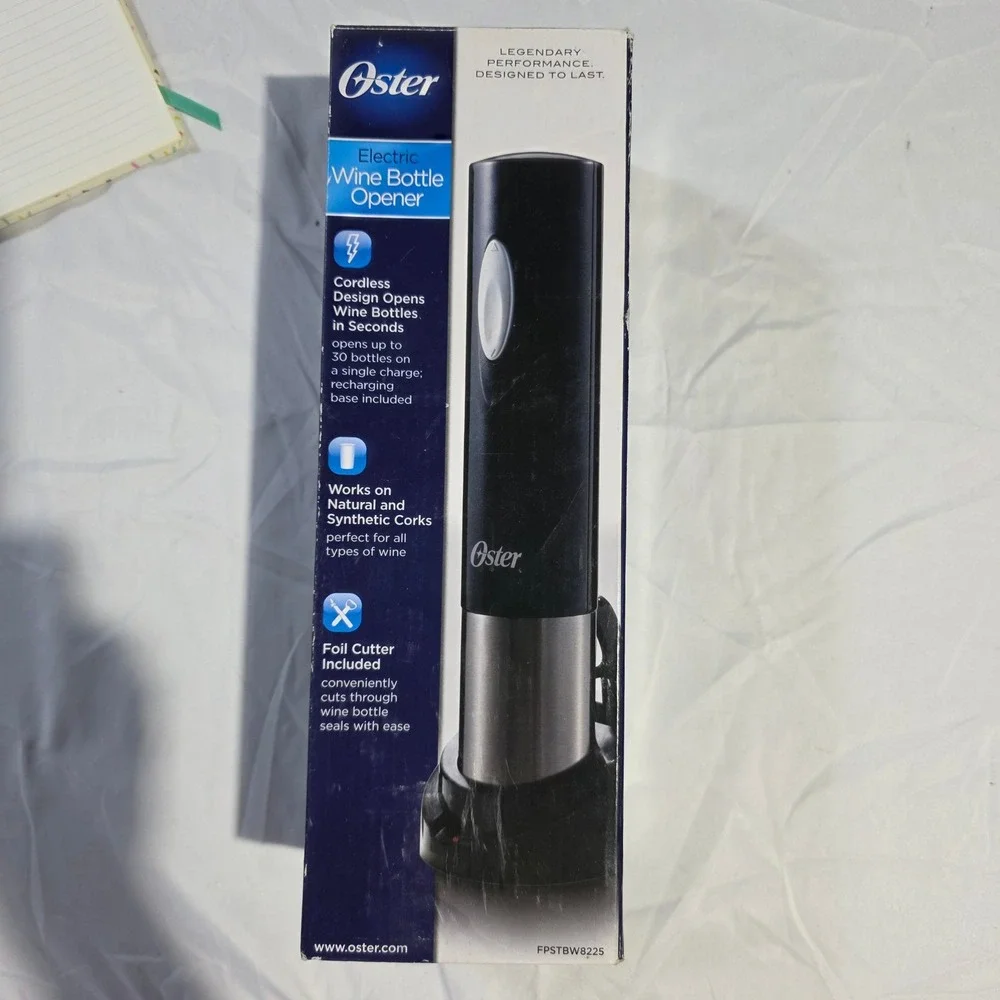Oster Electric Wine Bottle Opener Cordless Rechargeable Black Silver FPSTBW8225